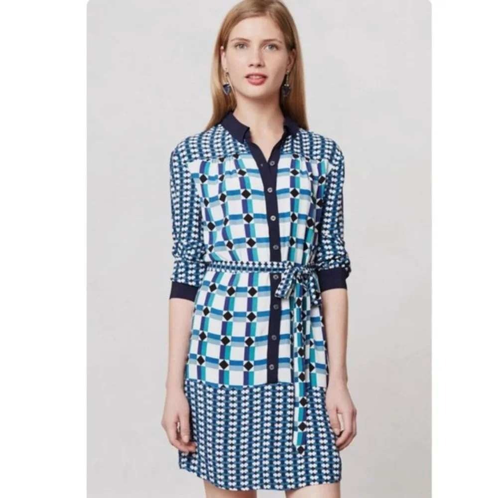 Maeve Anthropologie Blue Geometric Button Front Shift Dress Womens 4 Long Sleeve